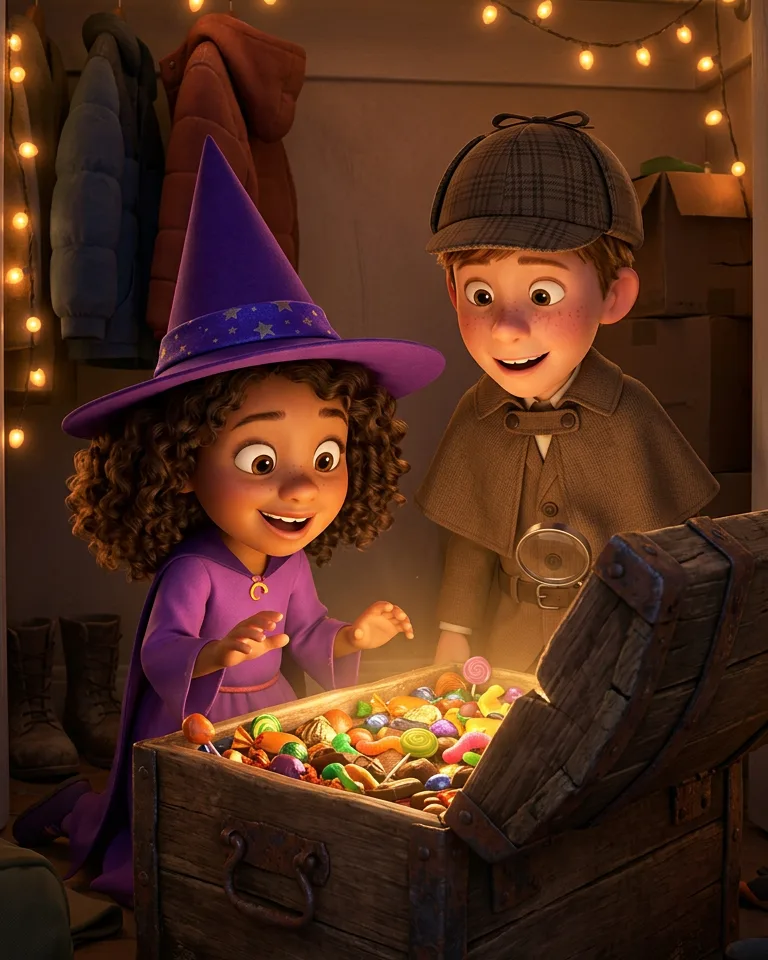 Kids opening a treasure chest full of Halloween candy