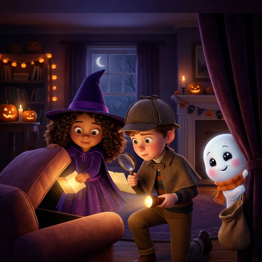 Two kids with flashlights finding Boo's clues in a living room on Halloween night