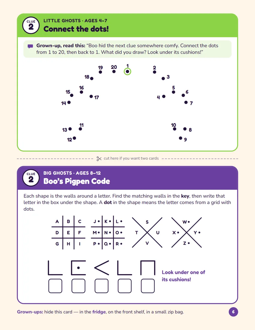 Clue card with a picture puzzle and a secret code